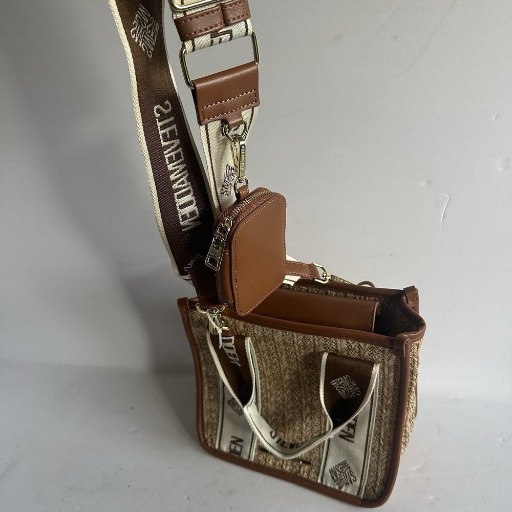Steve Madden Bwebber Straw Satchel Crossbody Logo Bag Cognac 9" With Small Pouch - Picture 6 of 11